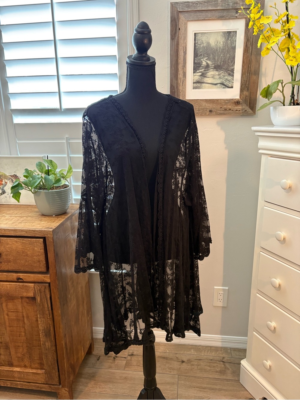 NorthStyle Drapey Lacey Cardigan in Black, 2X